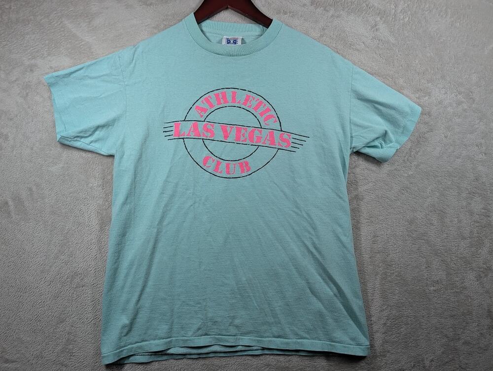 Vintage 90s Single Stitch Athletic Club Las Vegas Teal Shirt Pink Neon Sz LARGE